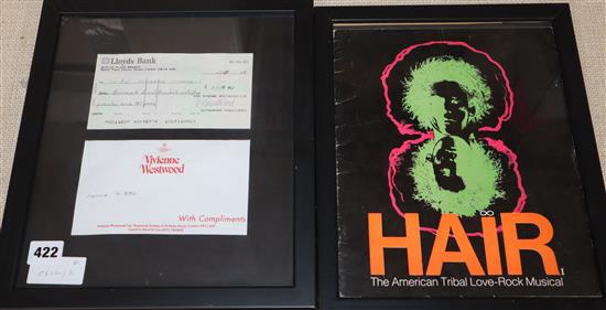 A framed cheque from Vivienne Westwood and a collage advertising the musical Hair